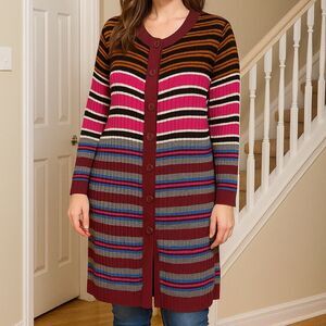 Lane Bryant Long Cardigan Size 16 Boho Stripe Sweater Knit Button Dress Sweater